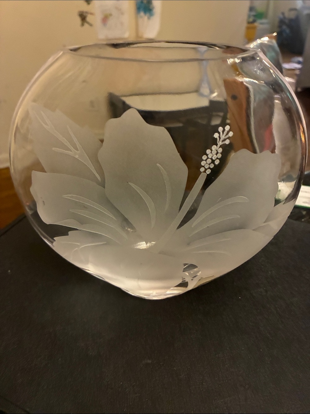 Etched Floral Clear Glass Bowl Vase